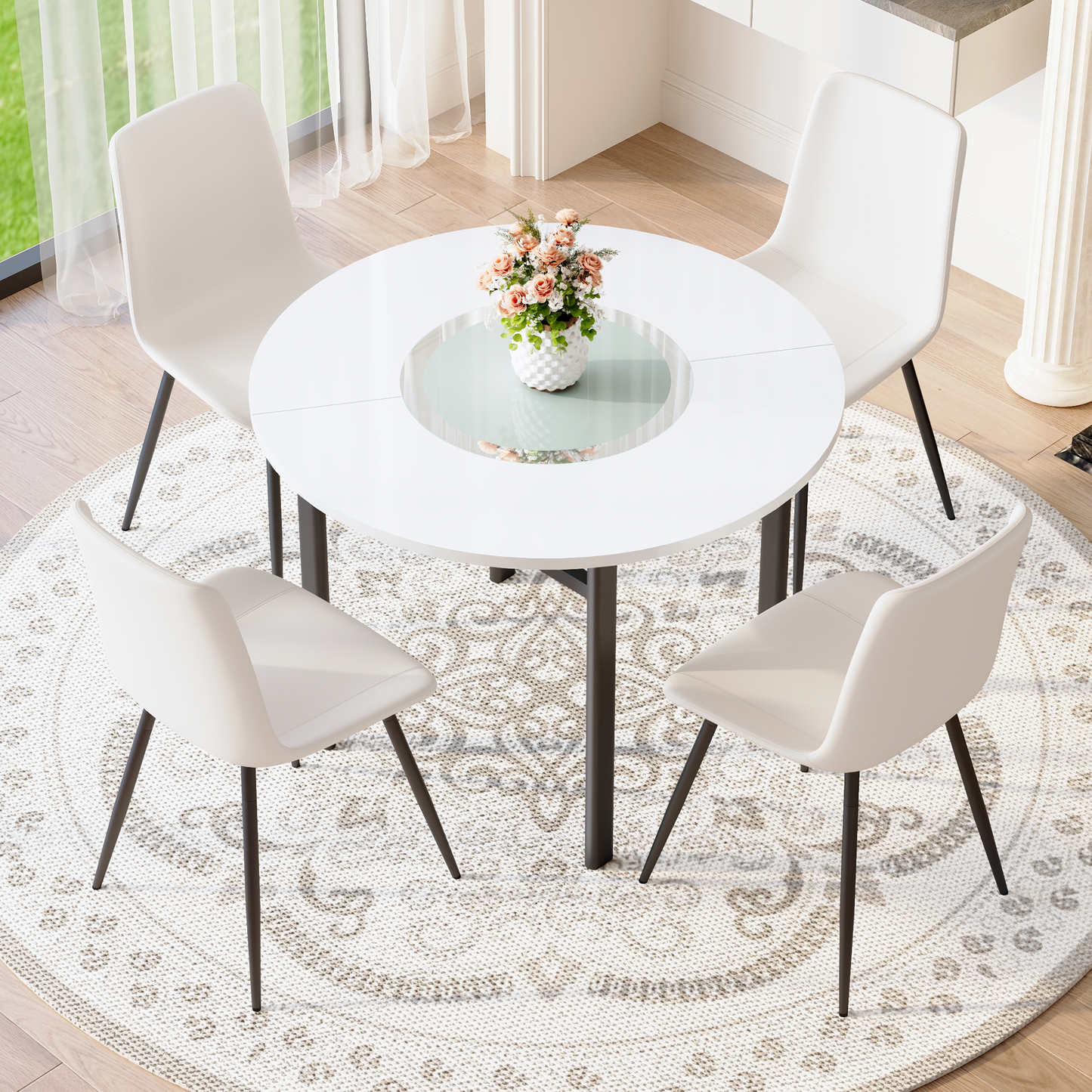 Table And Chair Set.42 Inch Modern Minimalist White Desktop Round Dining Table Set.Paired With 4 White Artificial PU Chairs With Curved Widened Cushion Design.Suitable For Dining Rooms,office,etc.