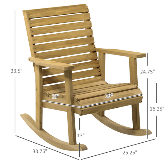 Wooden Outdoor Rocking Chair, Traditional Slatted Wood Rocker Chair With Armrests And High Backrest For Indoor & Outdoor, Light Brown