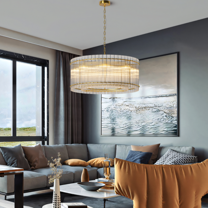 37 Modern Gold Round Chandelier,2-Tier 8-Light Water Ripple Crystal Glass Chandeliers,for Dining Room,Living Room,Bedroom,High Ceiling,Foyer Entryway,Luxury Chandelier