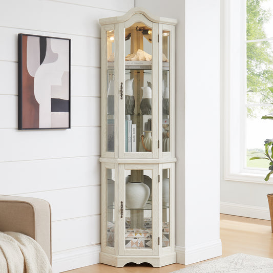 Curio Cabinet Lighted Glass Display Curio Cabinet W Tempered Glass Doors And Shelves, Crown Corner Cabinet With Bulb, Corner Storage Decoration For Living Room And Bedroom WHI