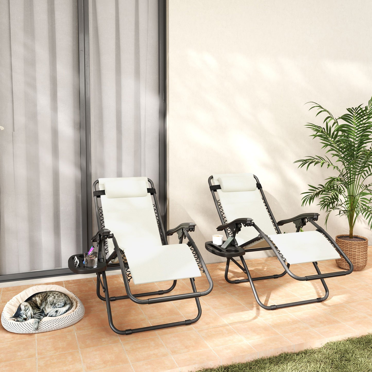 Zero Gravity Lounge Chair Set, 2 Pieces Reclining Folding Outdoor Lounge Chairs With Headrest Side Tray, Cream