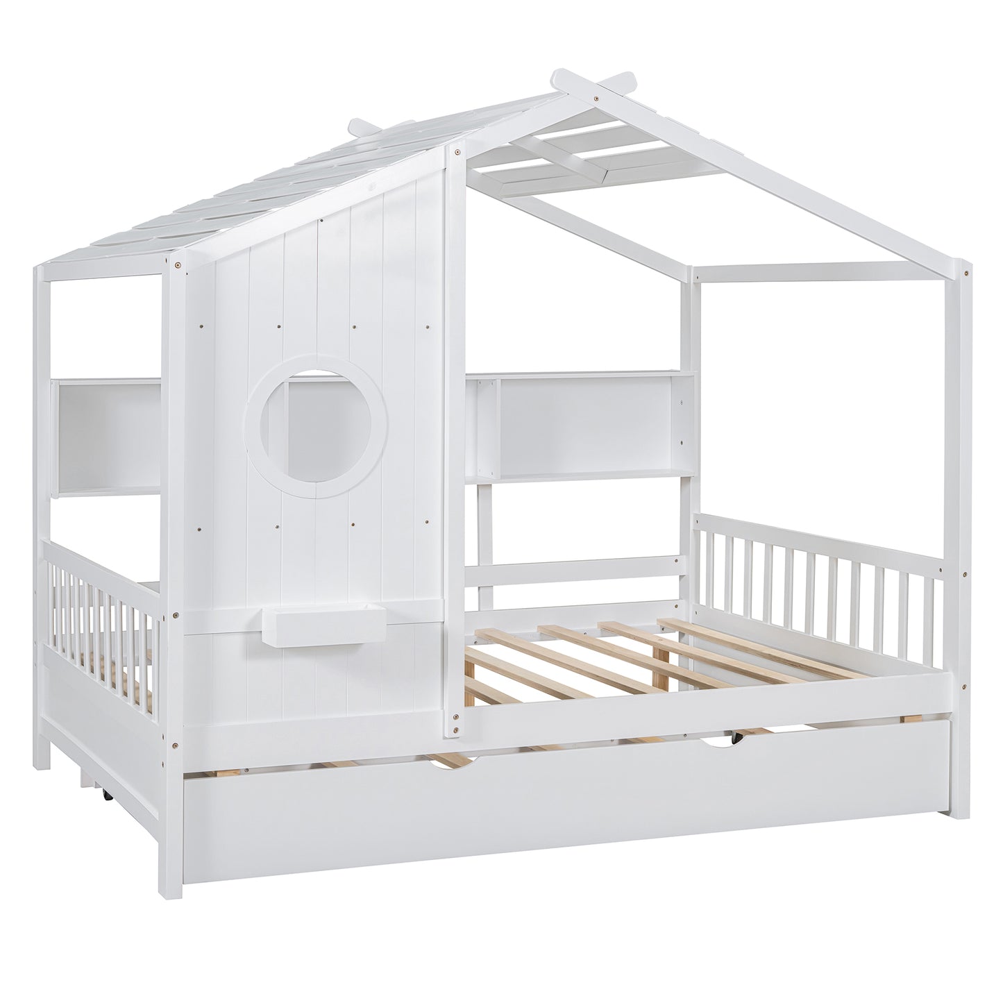 Wooden Full Size House Bed With Trundle, Modern Design For Kids With Storage Shlef, White Old SKU HL000095AAW