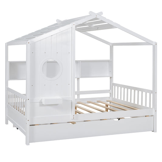 Wooden Full Size House Bed With Trundle, Modern Design For Kids With Storage Shlef, White Old SKU HL000095AAW
