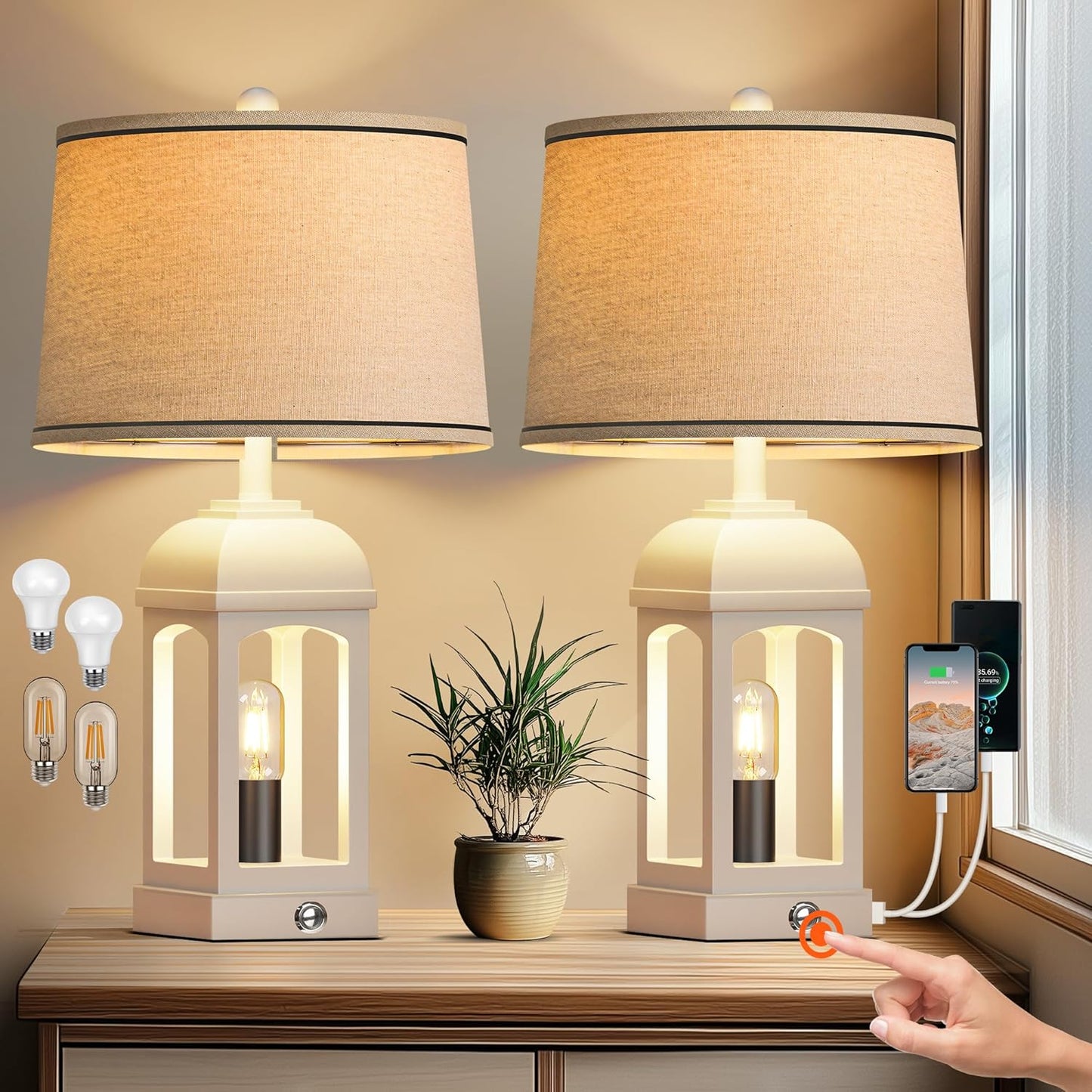 Table Lamp For Living Room, Farmhouse Lamps Set Of 2 With USB A C And Nightlight, 26  Rustic Bedside Lamps With 3-Way Dimmable, Touch Nightstand Lamp For Bedroom, White