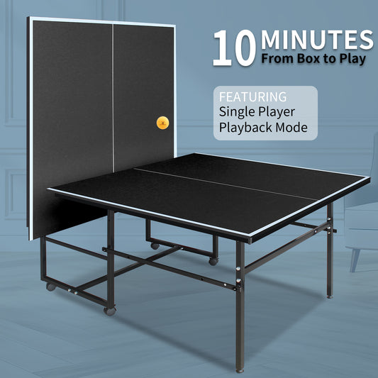 8.5x4. 3ft Black Mid-Size Table Tennis Table Foldable & Portable Ping Pong Table Set For Indoor Games With Net, 2 Table Tennis Paddles And 3 Balls