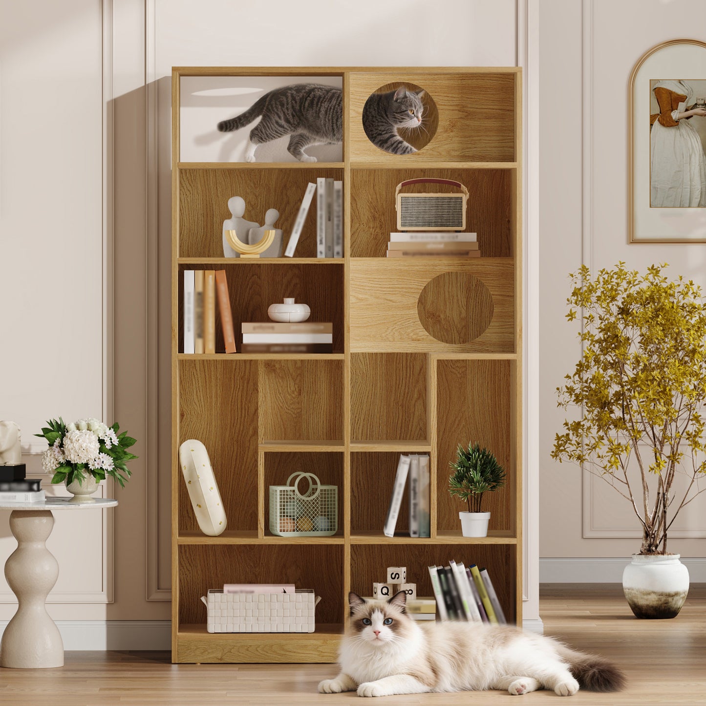 Modern 2 IN 1 Wood Bookshelf  Cat House, Cat Tree Display Case With Storage, Cat Litter Box Enclosure Climbing Shelf - NATURAL