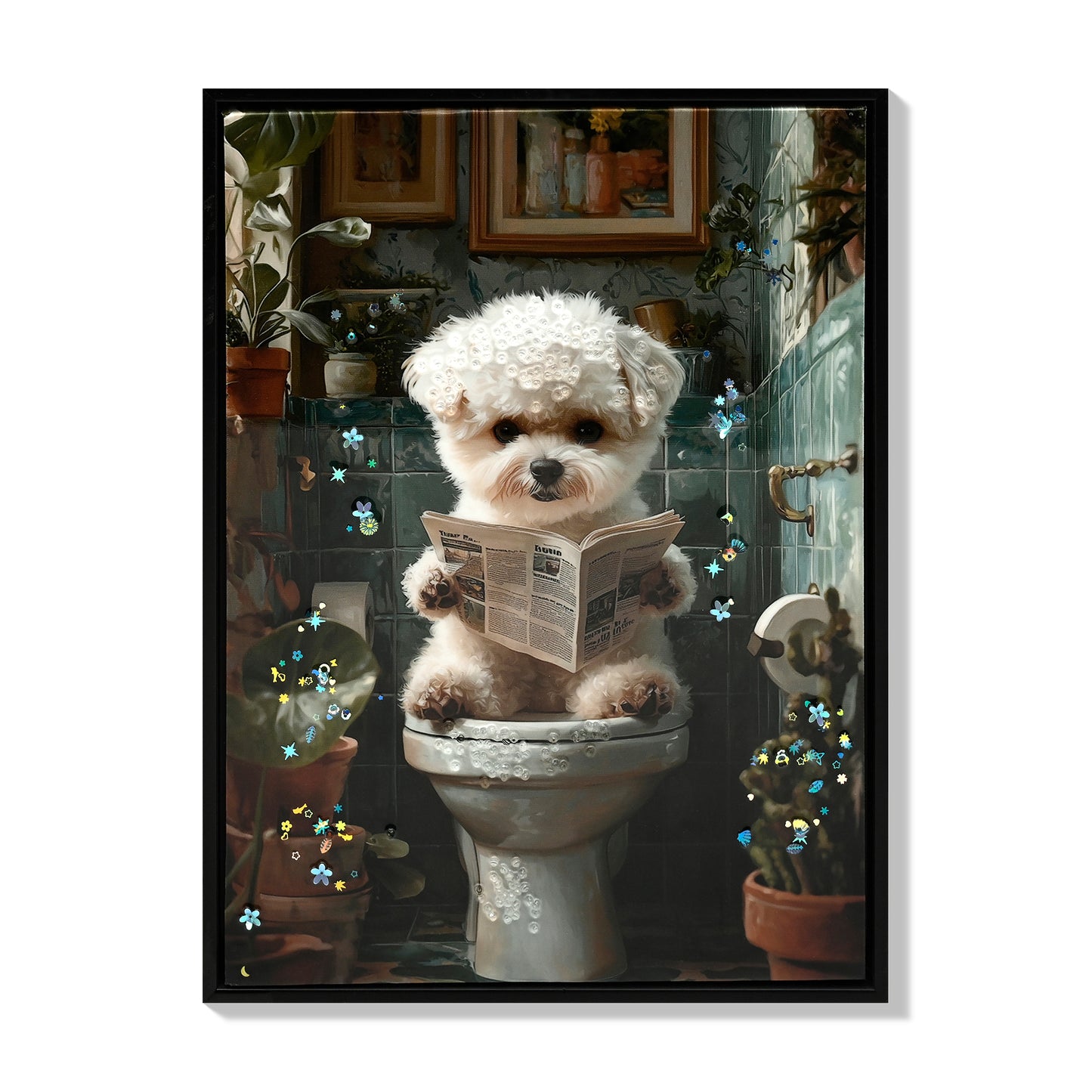 Framed Bathroom Decor, Cute Puppy Wall Art In Picture Frame, Funny Bathroom Wall Art Signs, 3D Canvas Print Ready To Hang  Framed,12  X16