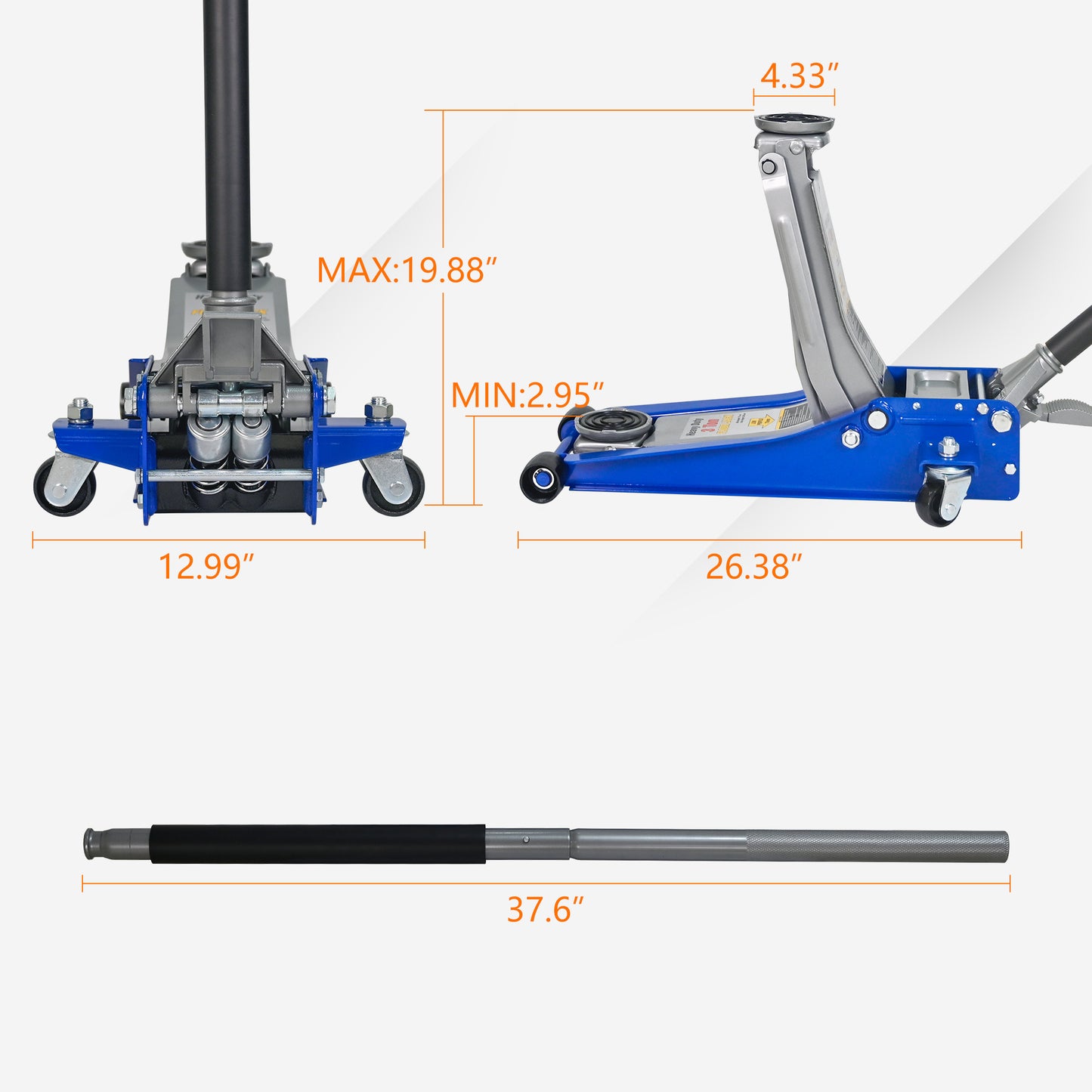 3T Heavy Duty Horizontal Double Floor Jack With Foot Pedal,and Steel Racing Floor Jack With Dual Piston Quick Lift Pump,3 Ton 6 600 Lb Capacity,Blue&Silver
