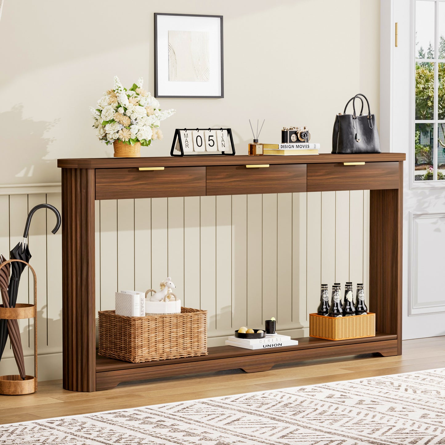 70.1  Wavy-Patterned Storage Table With Drawers, A Slim Wooden Side Table That Can Be Placed Behind A Sofa, Ideal For Entryways, Hallways, And Doorways.Walnut.70.1 Lx8.7 Wx35.5 H