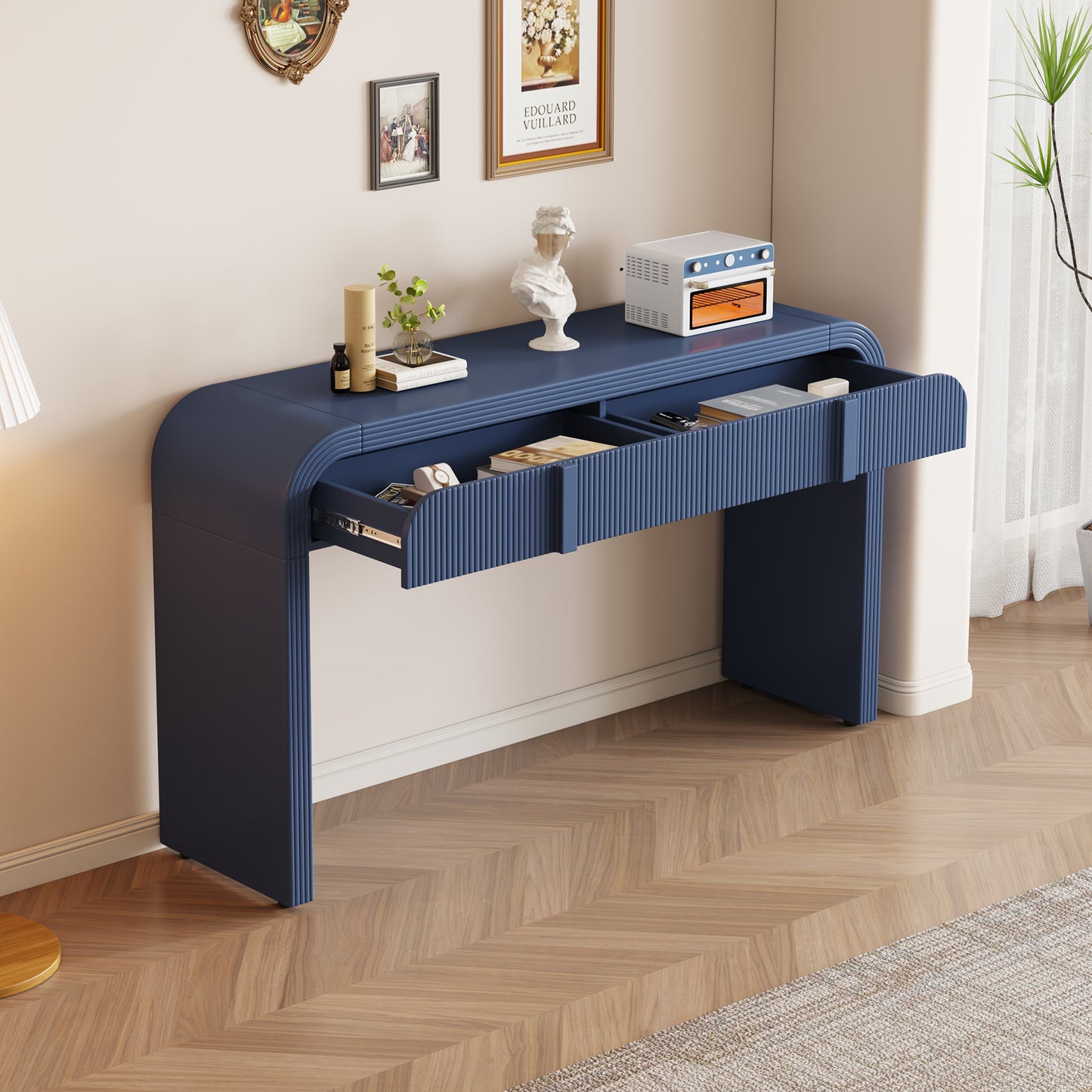 TREXM Modern Console Table With 2 Storage Drawers  Fluted Entryway Table With Rounded Silhouette For Hallway Living Room And Entryway  Navy Blue