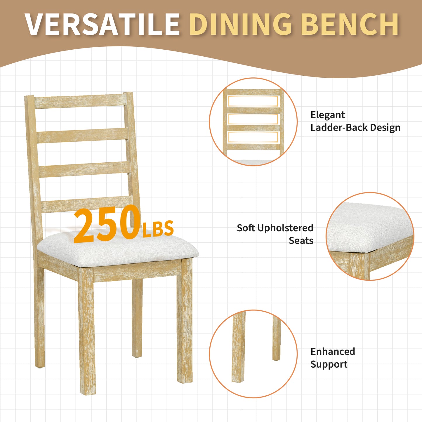 TOPMAX Farmhouse 6-Piece 60inch Extendable Pedestal Dining Table Set With 18inch Removable Leaf, 44inch Bench And 4 Ladder Back Dining Chairs, Natural Beige OLD