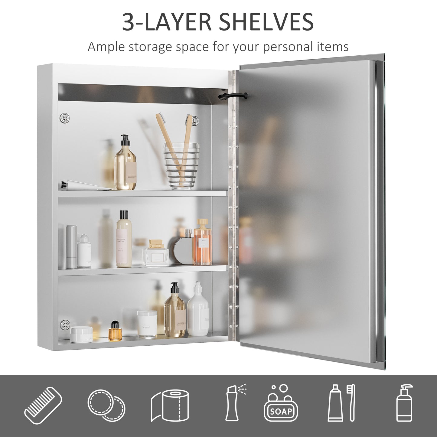 LED Lighted Medicine Cabinet With Mirror, Wall-Mounted Plug-In Bathroom Organizer With 3 Storage Shelves