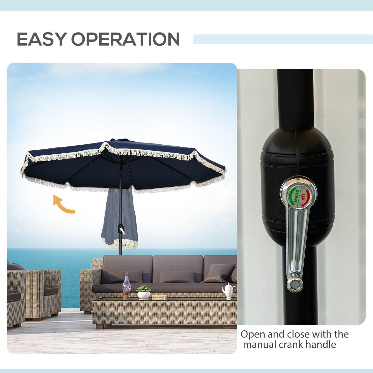9ft Patio Umbrella Outdoor Table Umbrella W/ Tilt, Crank, Ruffled, 8 Ribs For Garden, Deck, Pool, Dark Blue