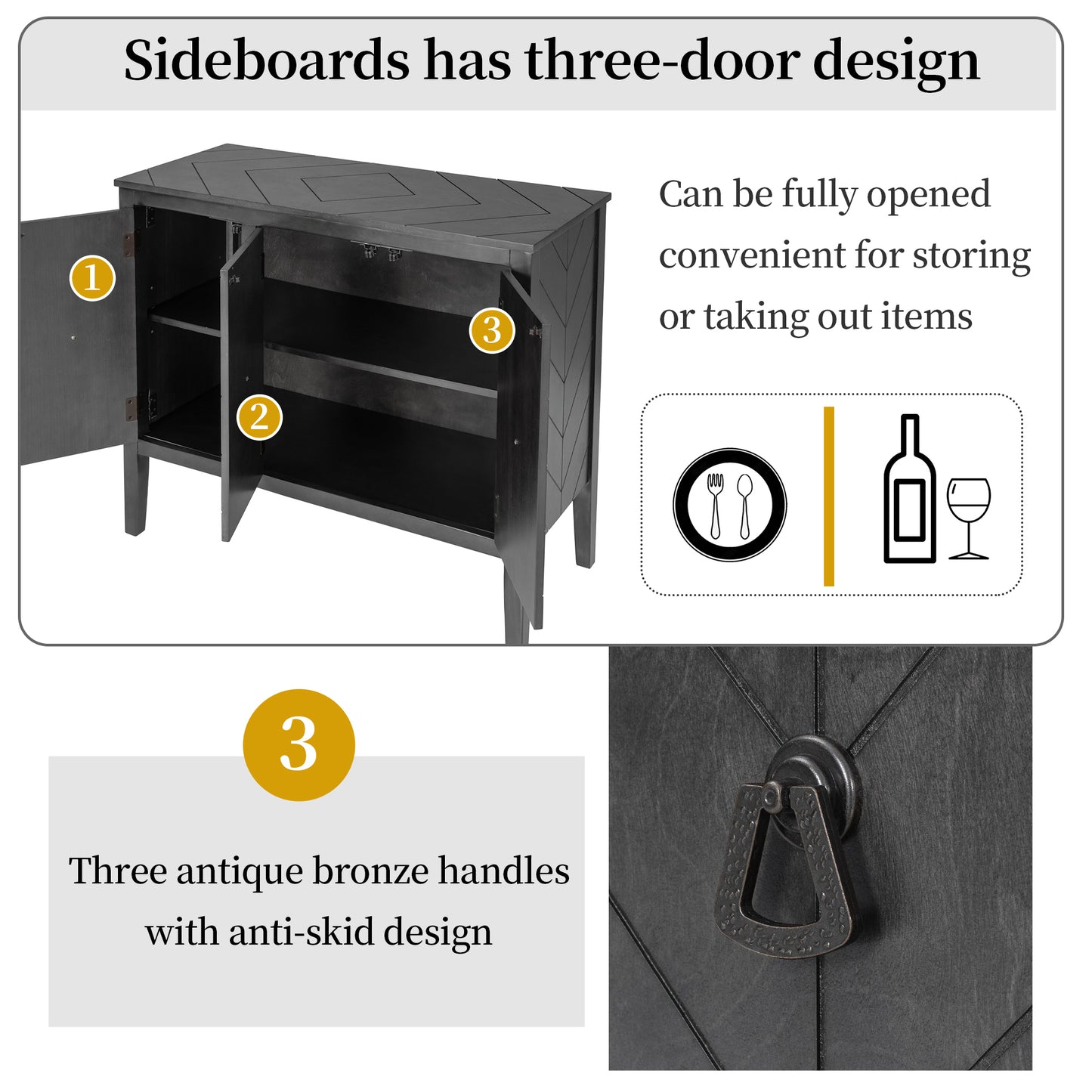 U-STYLE Adjustable Shelf Storage Sideboard With 3 Retro Metal Handles And 4 Pinewood Legs  For Entryway  Living Room  Study Room  Dining Room