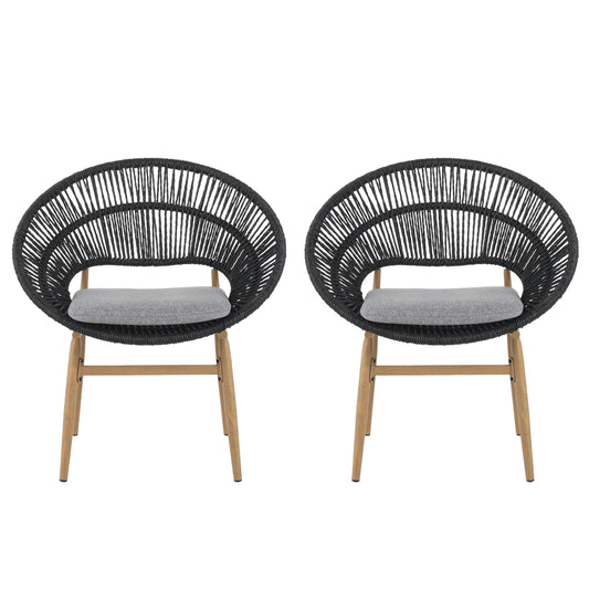 Cyril Outdoor Wicker Papasan Style Dining Chair, Teak Finished Leg And Dark Gray Faux Rattan, Gray Cushion, Set Of 2