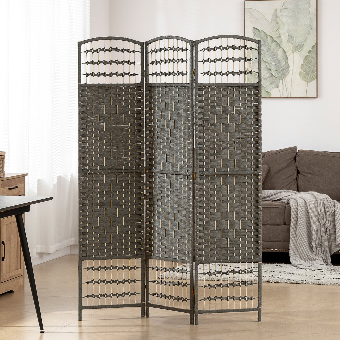 3 Panel Folding Room Divider Portable Privacy Screen Wave Fiber Room Partition For Home Office Dark Gray
