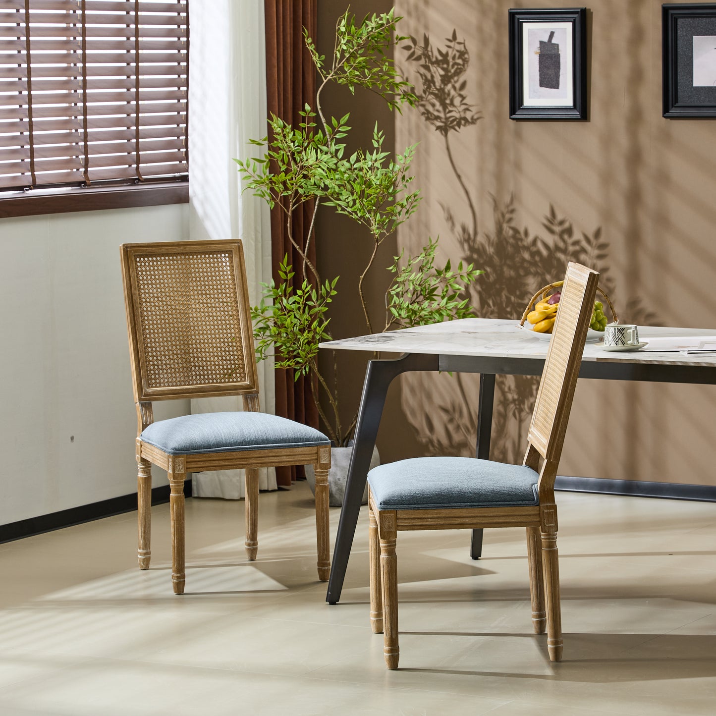French Country Dining Chairs - Elegant Cane Backrest & Upholstered Seats With Fluted Legs - Rustic Weathered Finish - Solid Rubberwood Frame - Vintage Inspired Kitchen & Dining Room Chairs