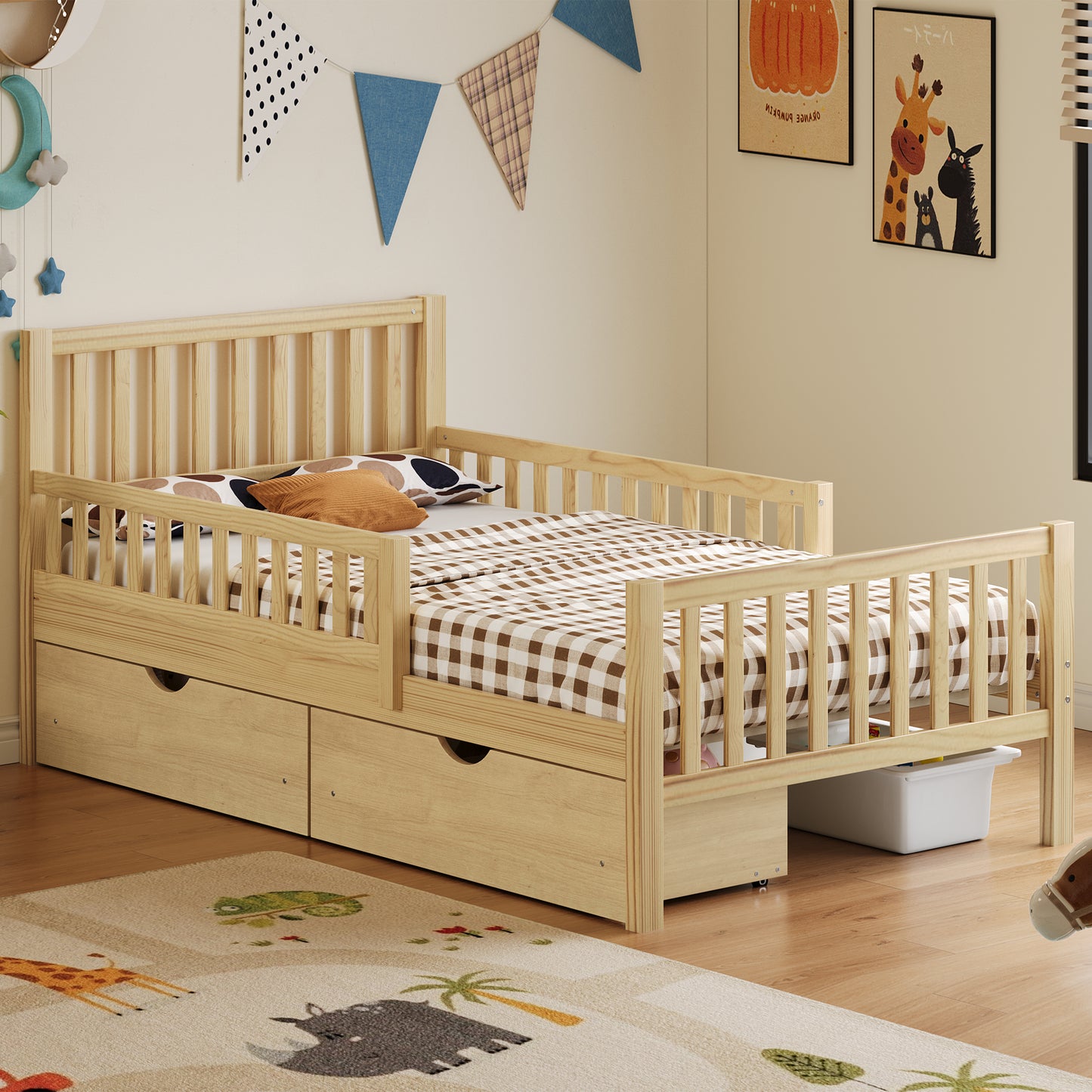 Twin Size Wood Platform Bed With Guardrails On Both Sides And Two Storage Drawers ,Natural