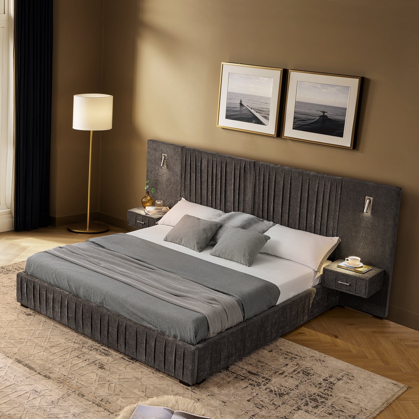 Queen Size Upholstered Bed Frame With Chenille Fabric With Pleated Design,Grounded Queen Size Platform Bed With Headboard And Solid Frame And The Bedside Table.No Box Spring Needed-DARK GREY