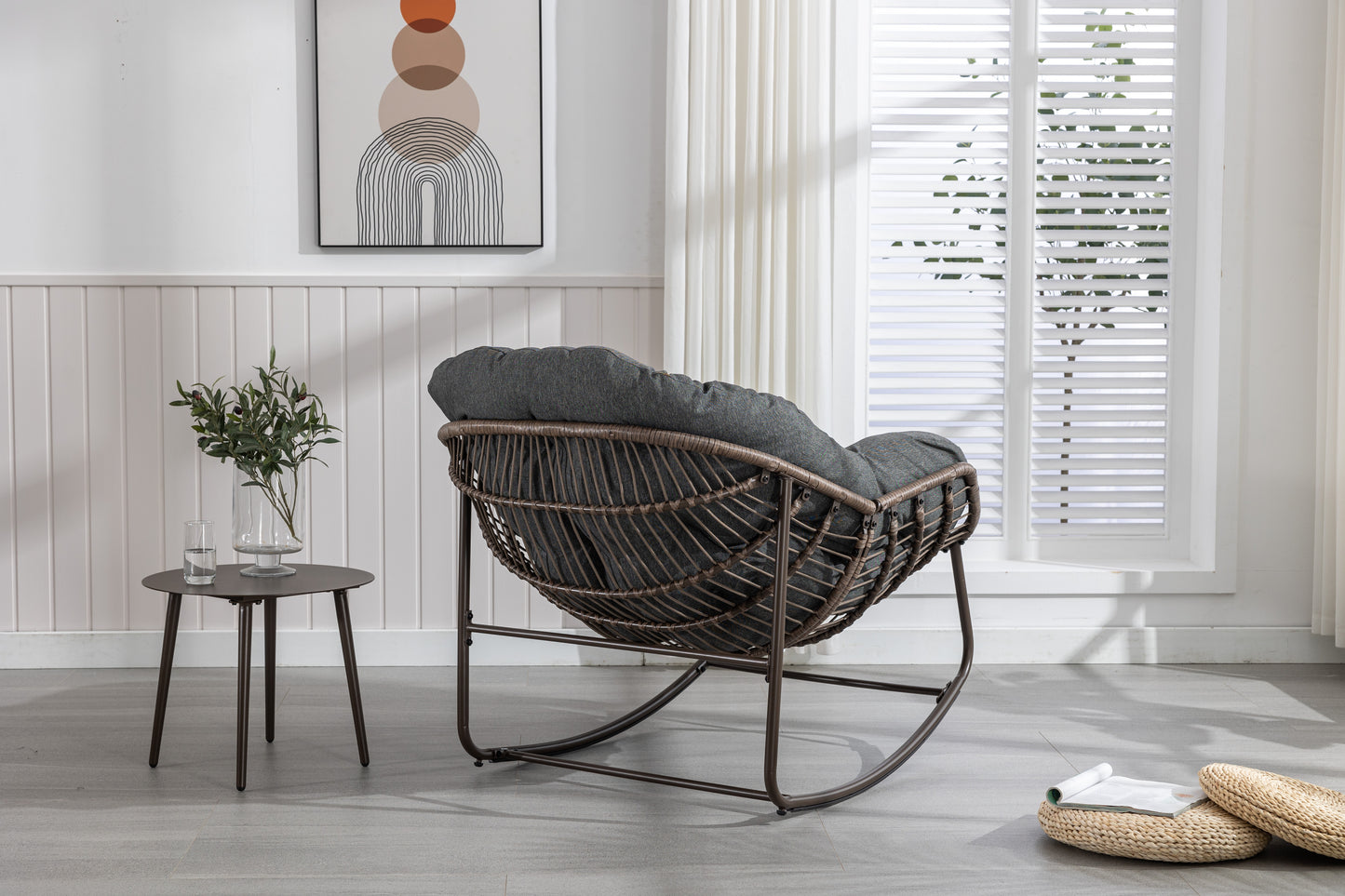 Outdoor Rattan Rocking Chair,Padded Cushion Rocker Recliner Chair Outdoor For Front Porch, Living Room, Patio, Garden, Grey