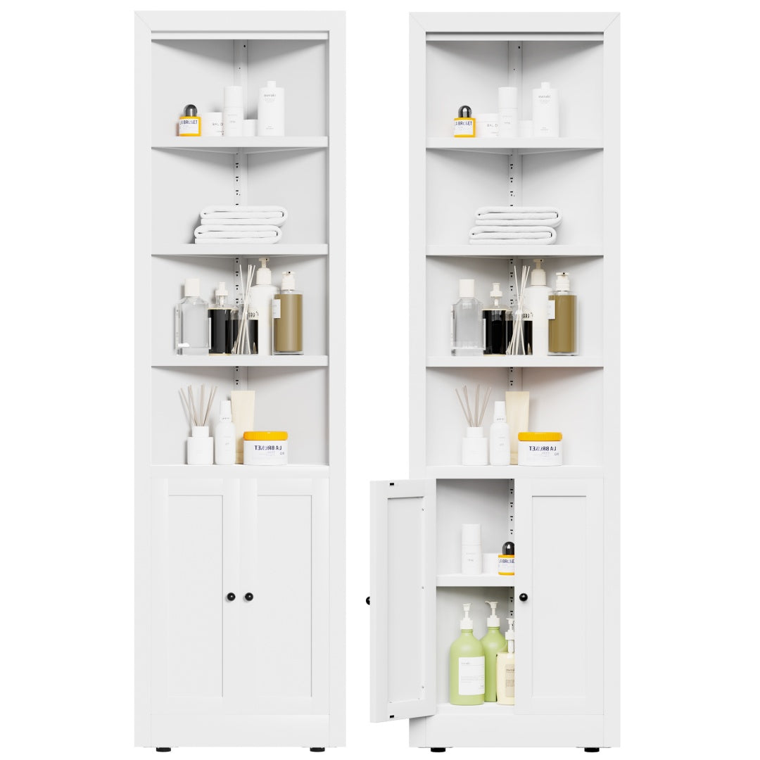 71in Tall Corner Storage Cabinet With 2 Doors, 5-Tier Metal Cabinet With Adjustable Shelves, Freestanding Kitchen Storage For Pantry, Living Room, Bathroom, Laundry Room, Space Saving Furniture, White