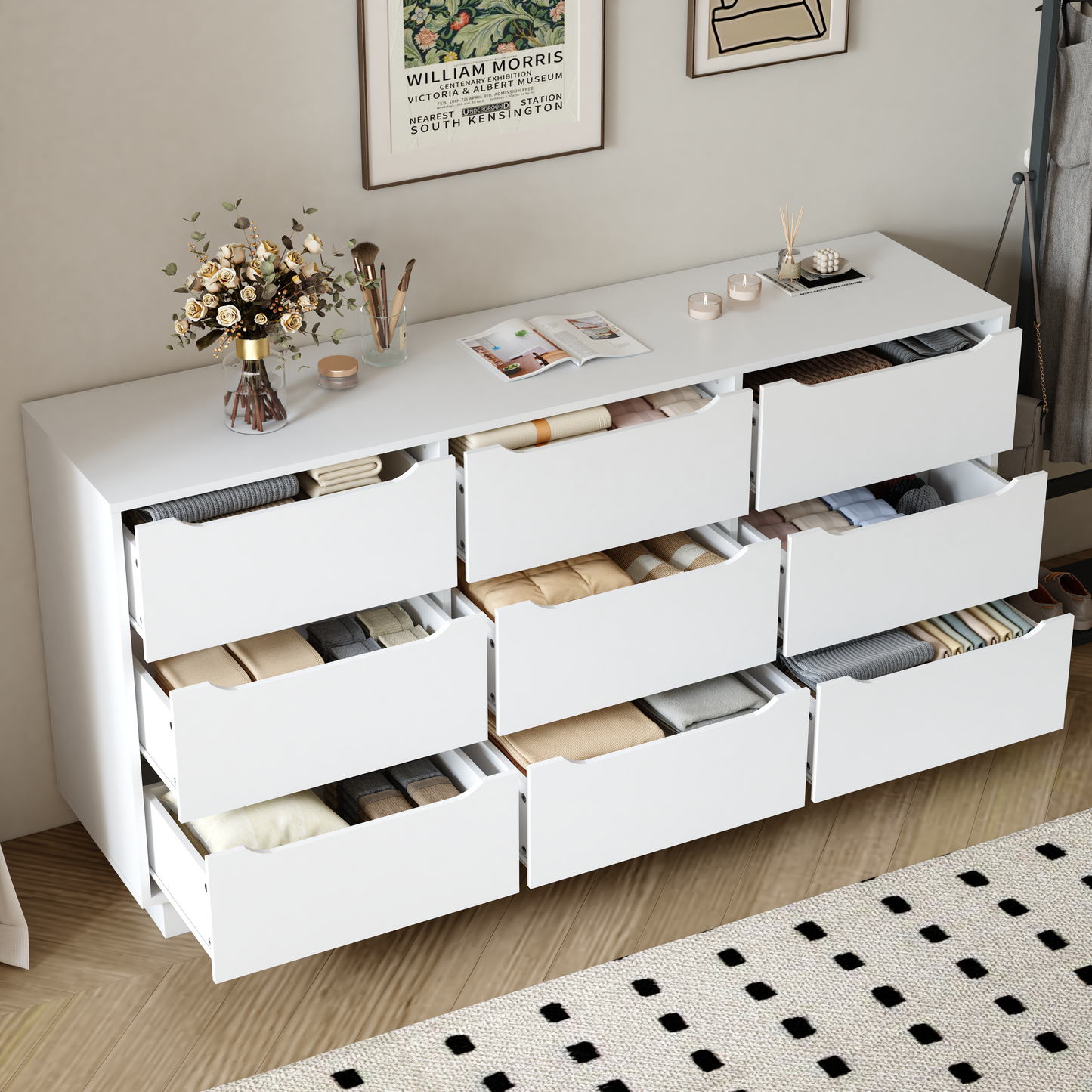 9 Drawer Dresser For Bedroom With Deep Drawers, Large Floor Wood Dressers & Chest Of Drawers , Modern White Long Dressers For Closet Living Room