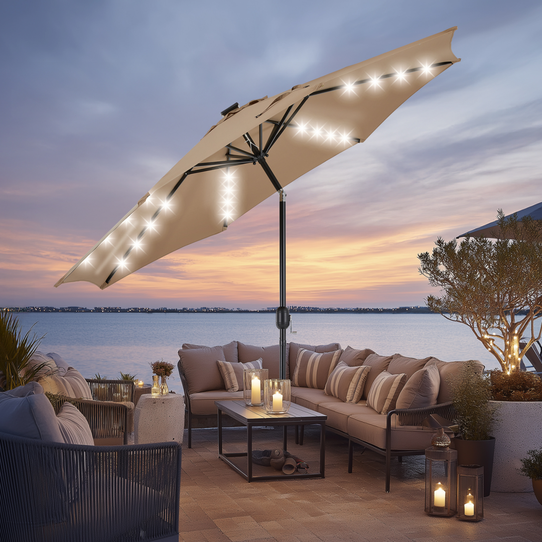10ft Solar Polyester 32 LED Lighted Patio Umbrella With Tilt Adjustment And UV-Resistant Fabric