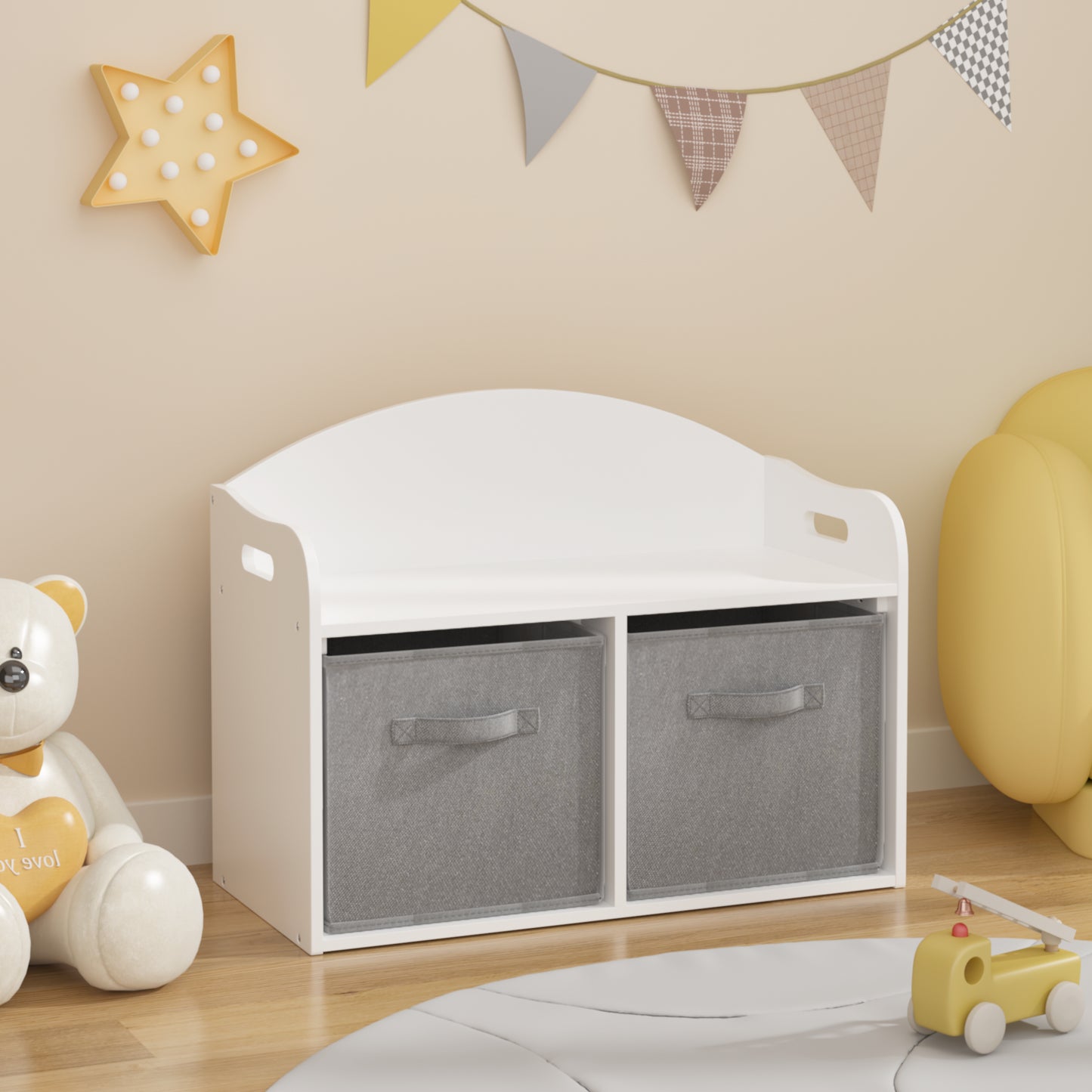 Kids Wooden Toy Box Bench With Collapsible Fabric Drawers,Toy Storage Cabinet Organizer, White