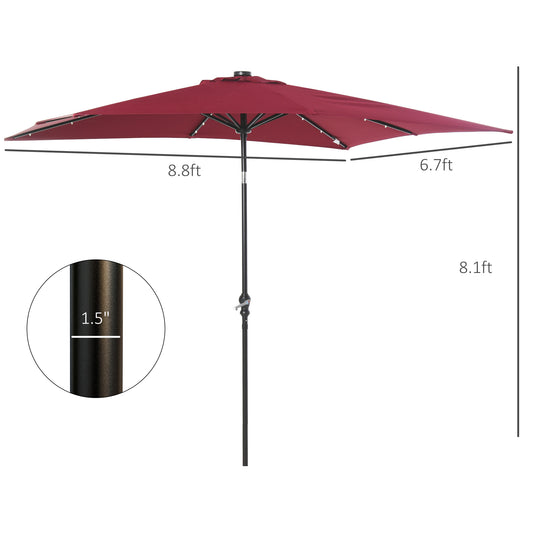 9' X 7' Solar Umbrella, LED Lighted Patio Umbrella For Table Or Base With Tilt & Crank, Outdoor Umbrella For Garden, Deck, Backyard, Pool, Beach, Wine Red