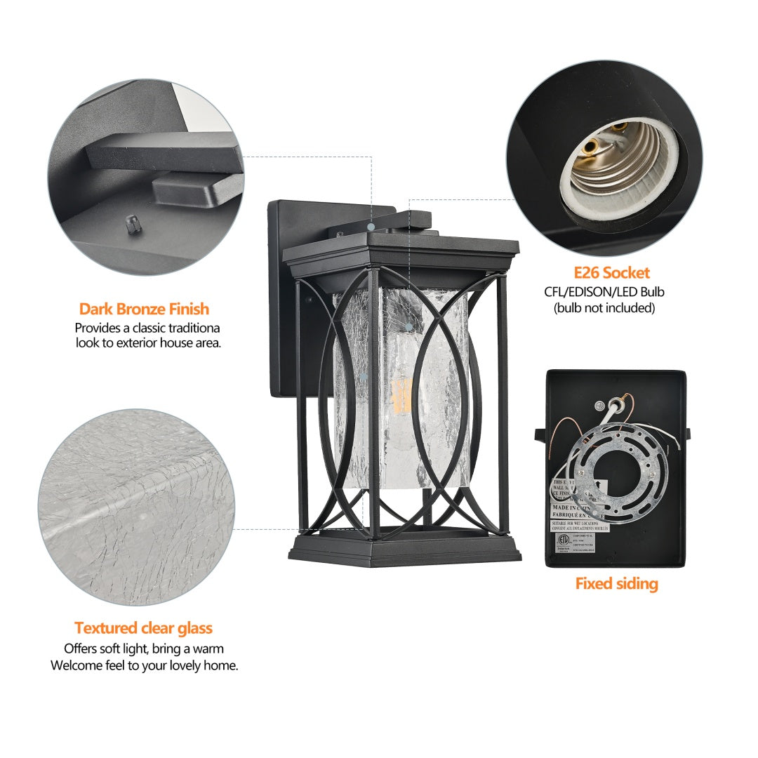 14in H 1-pack Black Outdoor Wall Lantern With Crackled Glass, Weather-Resistant Exterior Light Fixture For Porch, Patio, And Entryway, Modern Decorative Wall Sconce With E26 Base  Bulb Not Included