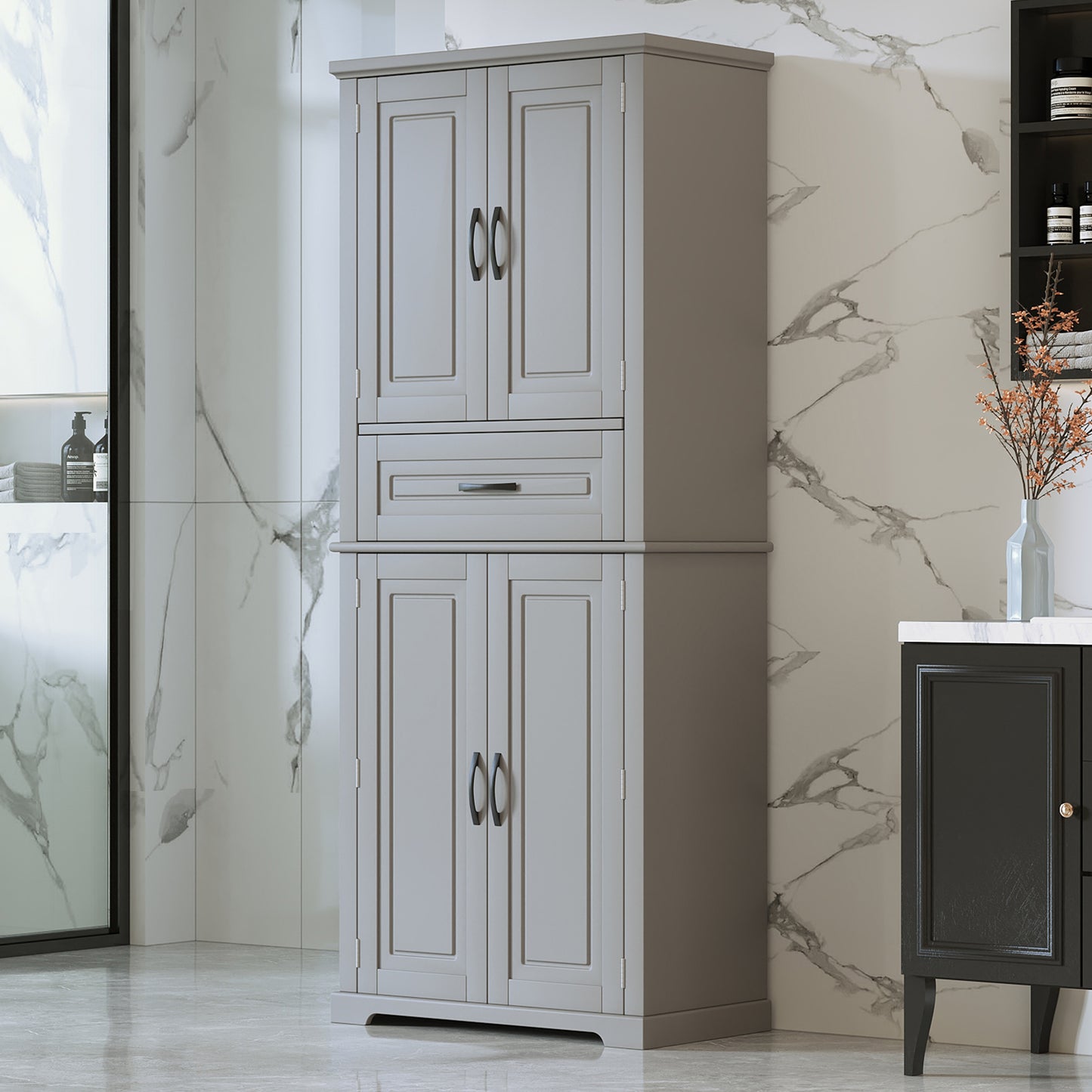 Video  Bathroom Storage Cabinet With Multi-Functional Storage Space, Drawer With Slide Rails, Adjustable Shelf, Grey