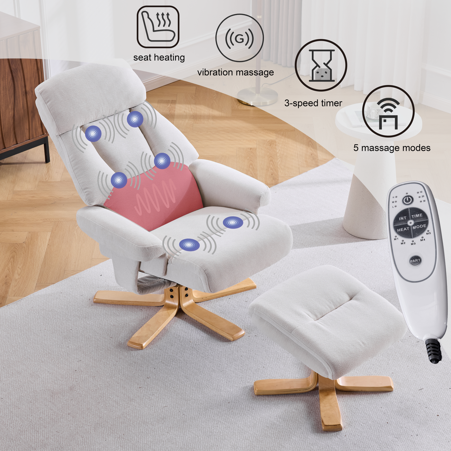 Beige Fabric Upholstered Heated Massage 360 Swivel Accent Chair, Chair With Ottoman, Ergonomic Comfort For Living Room, Bedroom Reading Nook Small Single Sofa For Bedroom, Office, Apartment