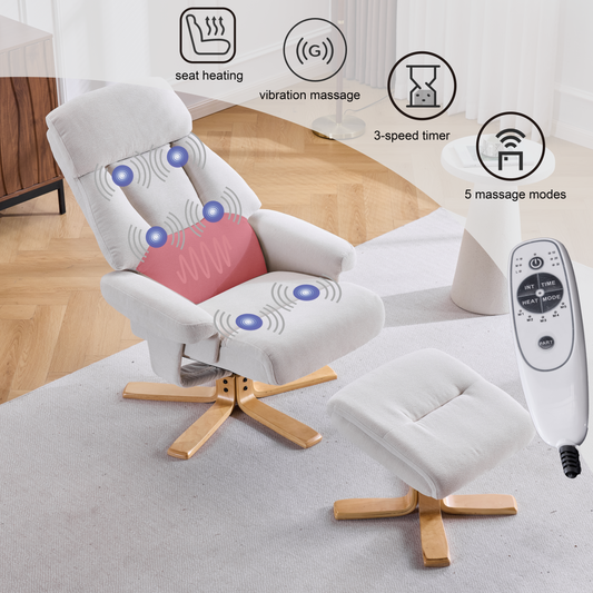 Beige Fabric Upholstered Heated Massage 360 Swivel Accent Chair, Chair With Ottoman, Ergonomic Comfort For Living Room, Bedroom Reading Nook Small Single Sofa For Bedroom, Office, Apartment