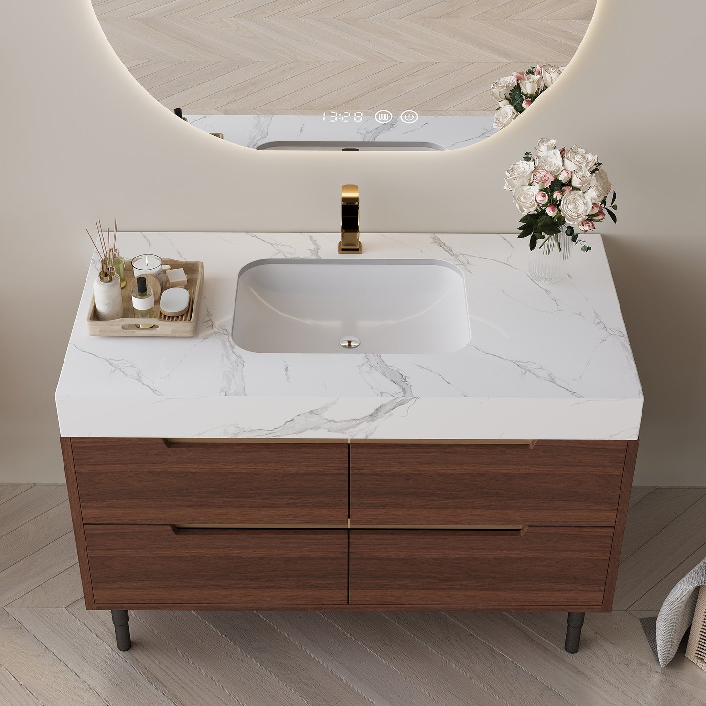 35.4 Farmhouse Free-standing Sintered Stone Bathroom Vanity With Undermount Sink, Waterproof Multi-layer Solid Wood, 4 Drawers Storage, Wall-Mounted