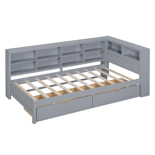 Wooden Twin Size DayBed With 2 Drawers, DayBed With Storage Shelf And USB Charging Ports,Grey OLD