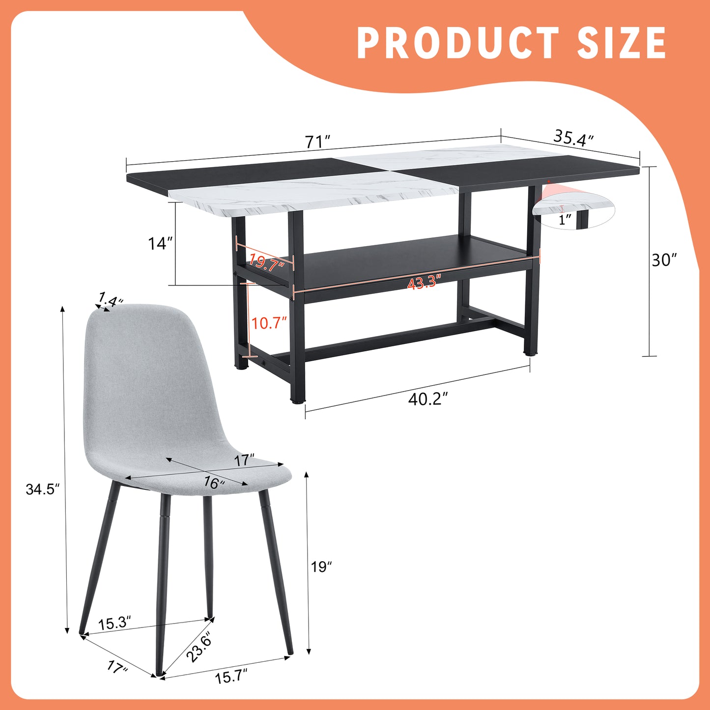 Table And Chair Set.71x35.4 Inch White And Black Spliced Dining Table With Storage Function In The Middle Of The Table Legs.Paired With 6 Light Gray Linen Fabric Chairs.