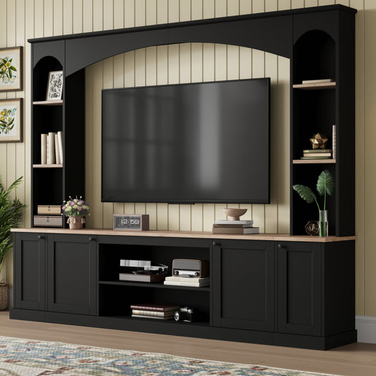 Elegant Arched Entertainment Center Wall Unit With Bookshelf, Farmhouse TV Stand With Wood Grain For TVs Up To 70, 91inch Media Console With Adjustable Shelves For Living Room, Black