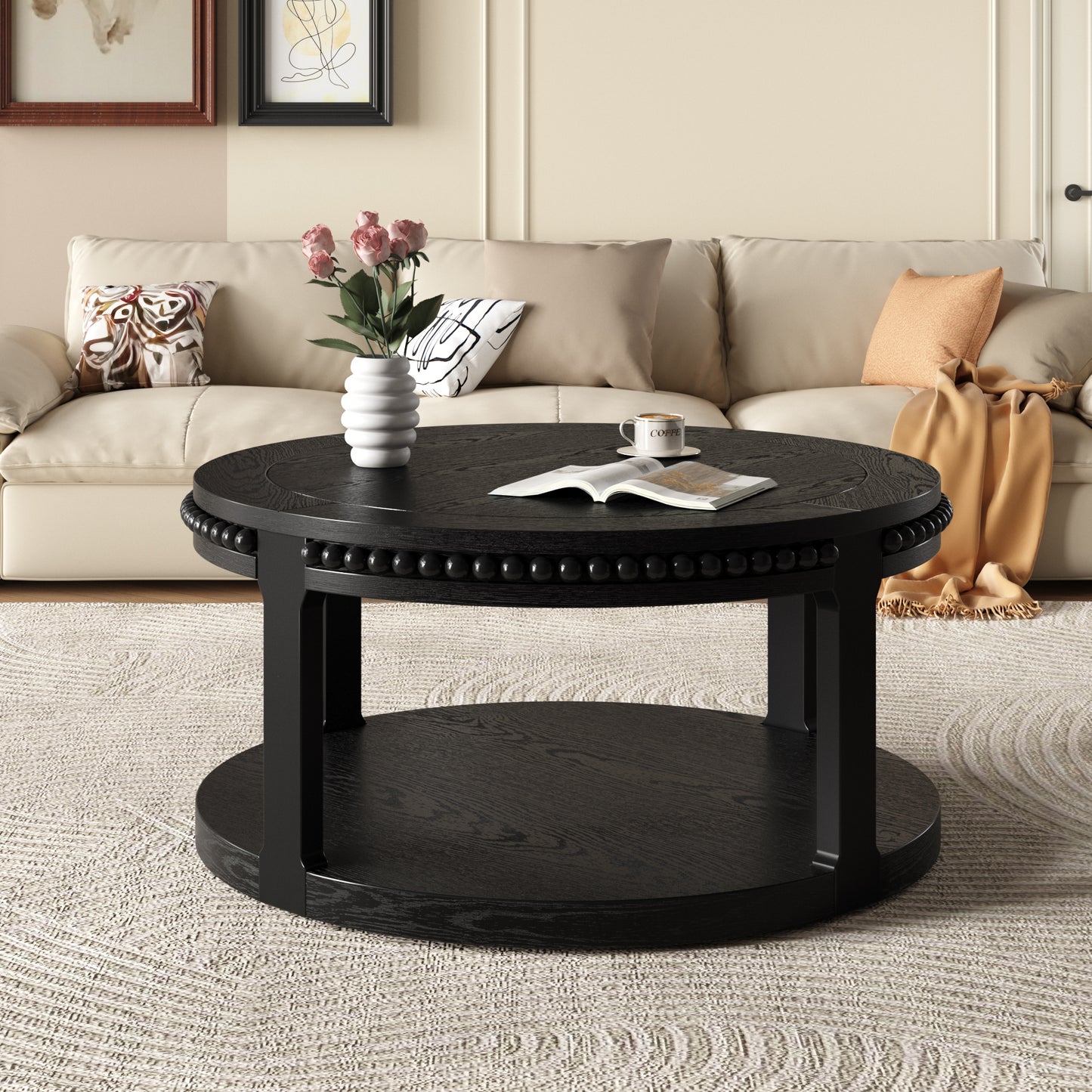 31.5 Inch Solid Wood Round Coffee Table For Living Room,2-Tier Rustic Wood Desktop With Storage Shelf Modern Design Home Furniture Black