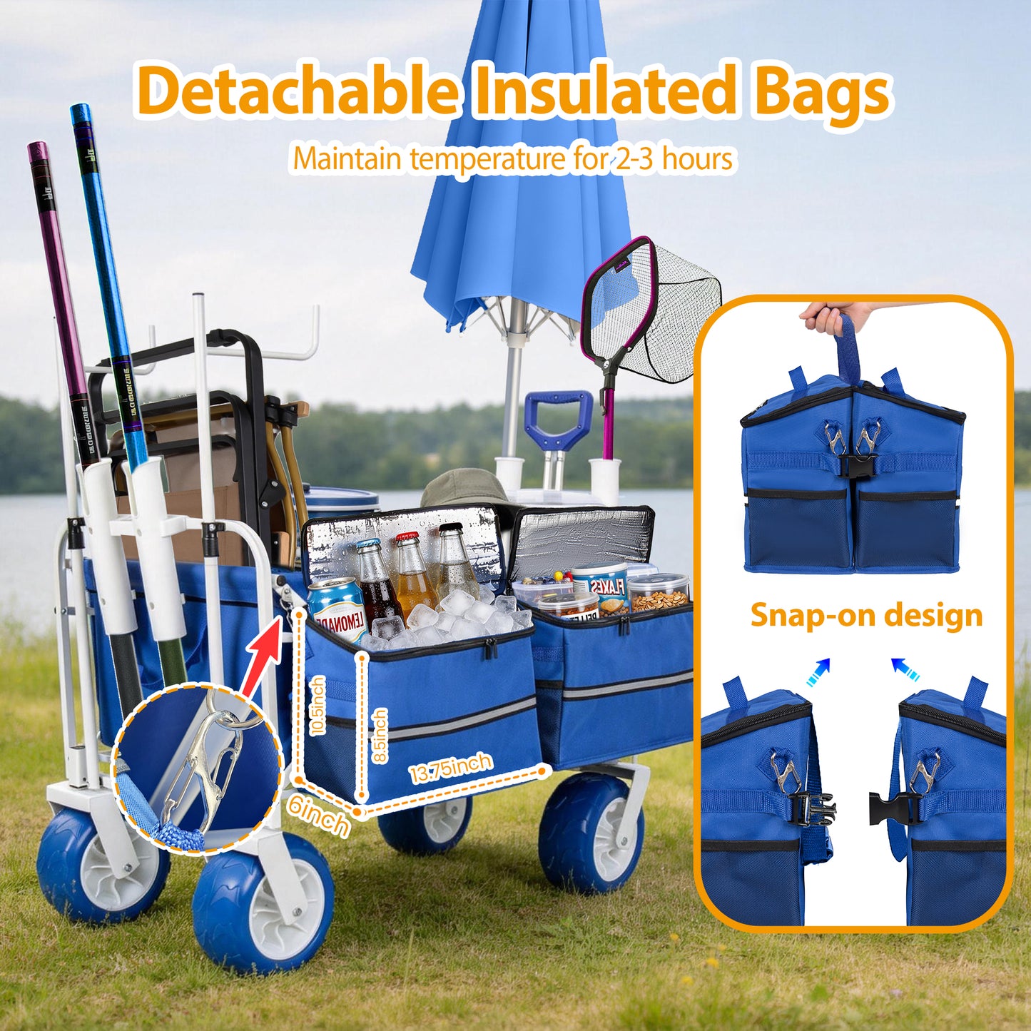 Beach Wagon Cart With Chair Racks & Fishing Rod Holders 9 All- Terrain Wheels 500lbs Heavy Duty Collapsible Removable Cooler & Storage Bags For Beach Camping Fishing Garden Outdoor Sports Blue