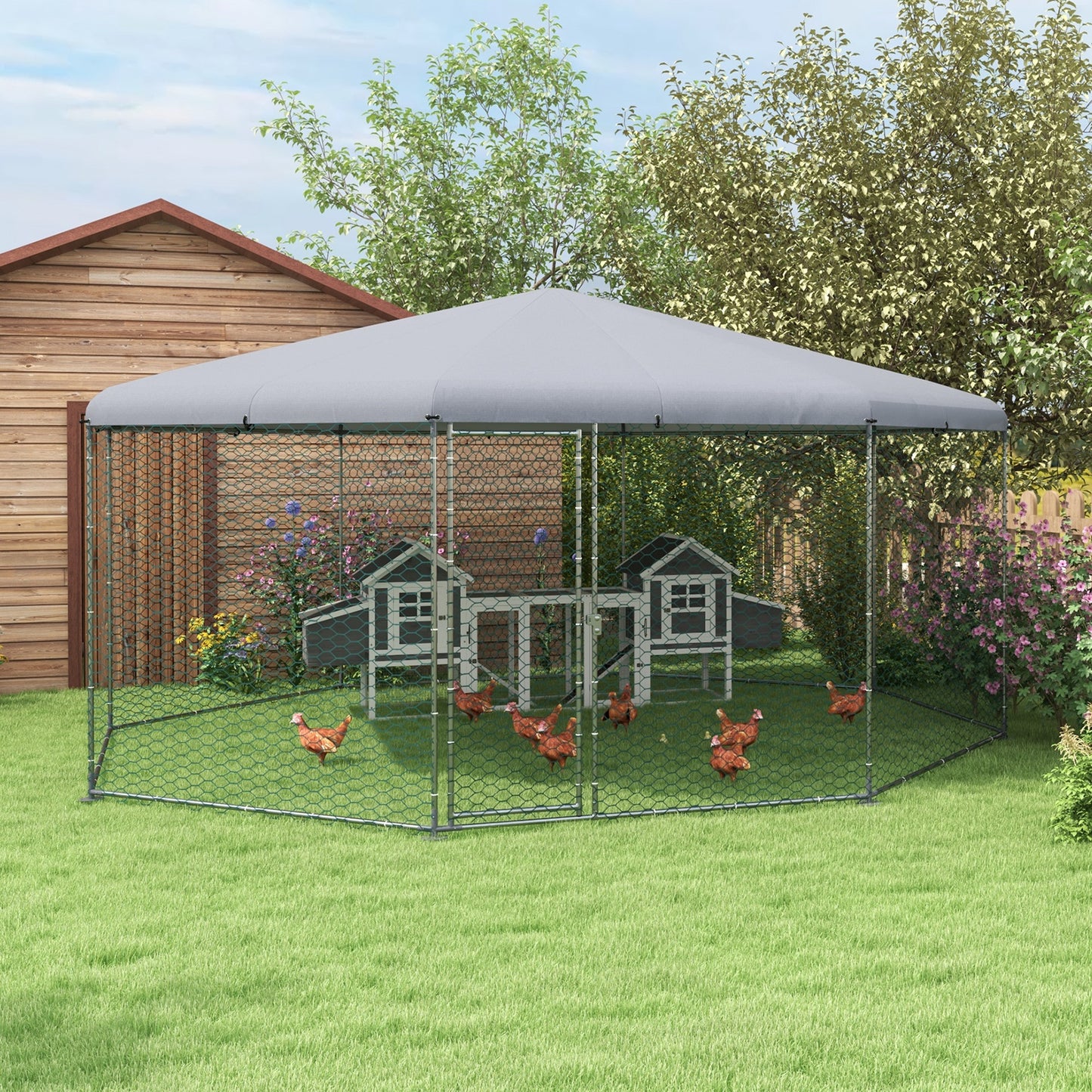 PawHut Large Metal Chicken Coop Chicken Run For Chicken, Ducks And Rabbits With Waterproof And Anti-UV Cover, Walk-in Poultry Cage Hen House For Outdoor And Yard Farm Use, 17' X 15.7' X 9'