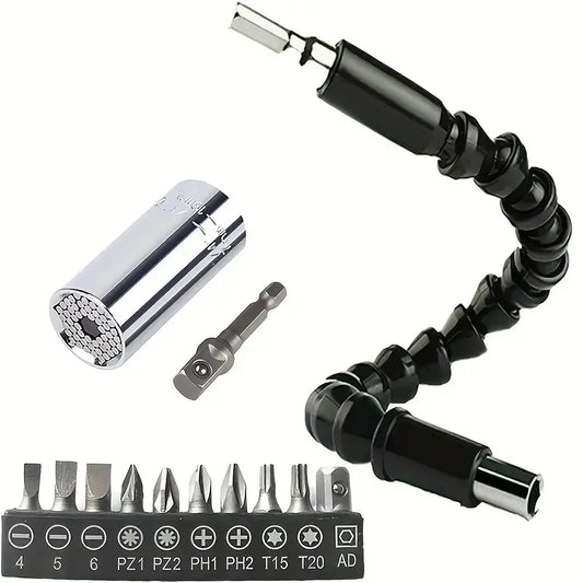 Universal Socket Wrench Self-adjusting Socket Suitable For Standard Ratchet Wrench Electric Drill Adapter 1pc 11.6-inch Flexible Drill Bit Extension Shaft With Drill Bit Set, Complete Set Of Screw Hea