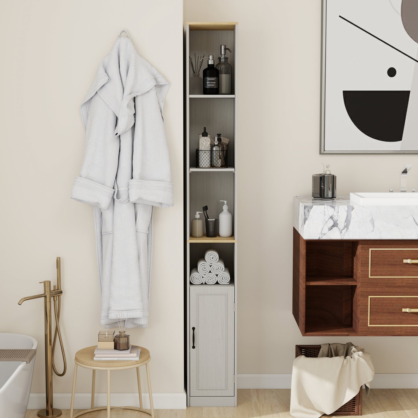 72 Tall Slim Storage Cabinet, 6-Tier Narrow Freestanding Bathroom Cabinet With 1 Door And 2 Adjustable Shelves, Bookcase Display Storage Shelves, Cube CD DVD Storage Cabinet-Antique White