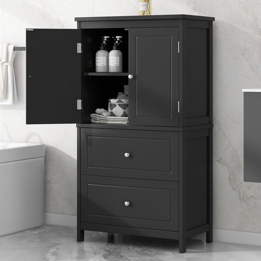 Bathroom Storage Cabinet, Cabinet With Two Doors And Drawers, Adjustable Shelf, MDF Board, Black