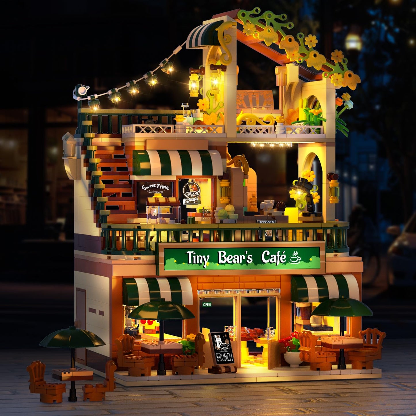 City Coffee House Building Set With Light, 1173 PCS Cafe Shop Building Block Toy With Ordering Counter Baking Room, House Construction Model Gift For Adults Teens Kids Boys Girls