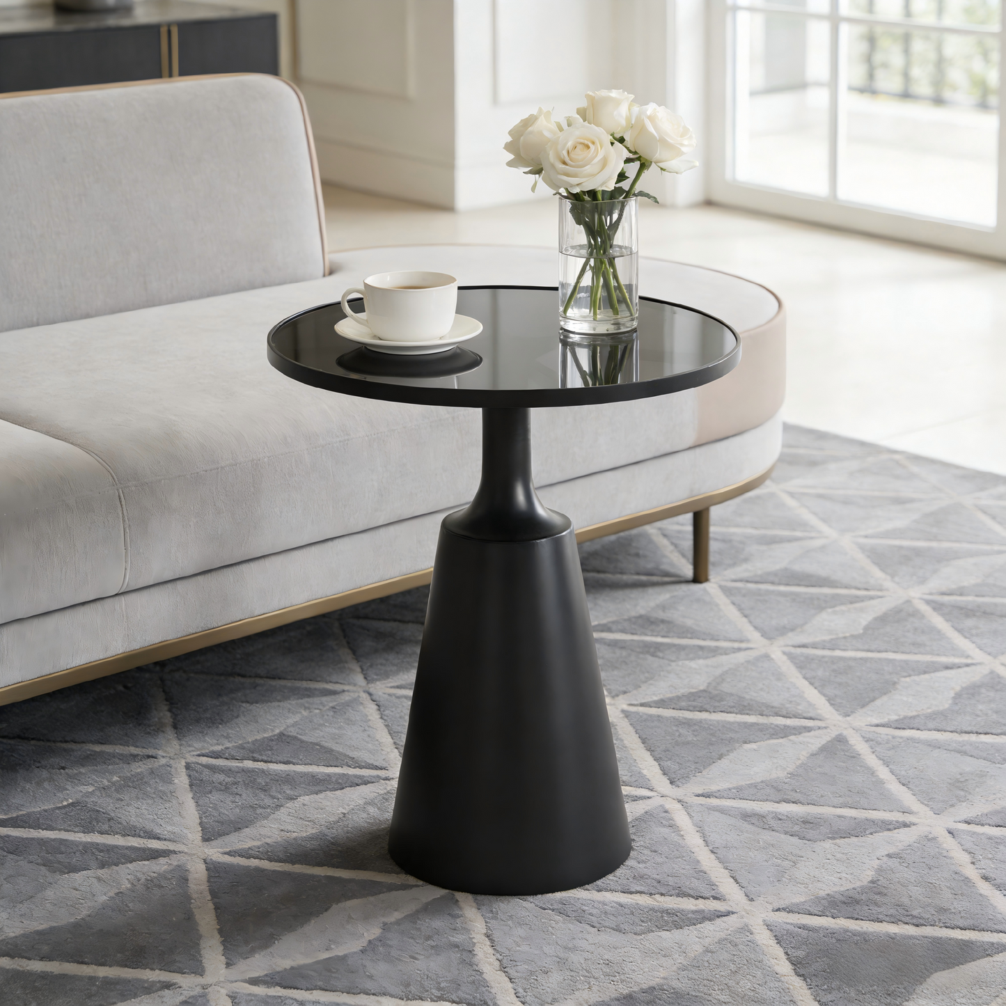Modern Black Iron Side Table With Round Glass Top - 20  Diameter, 24.25  H, 75 Lbs Capacity - Assembly-Free Accent Table For Living Room, Bedroom, Or Office