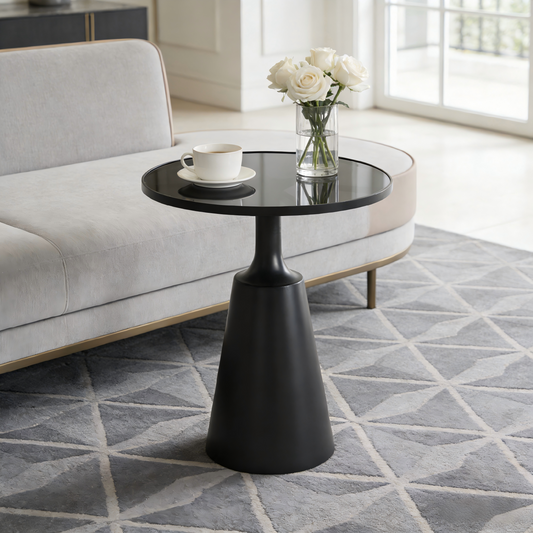 Modern Black Iron Side Table With Round Glass Top - 20  Diameter, 24.25  H, 75 Lbs Capacity - Assembly-Free Accent Table For Living Room, Bedroom, Or Office
