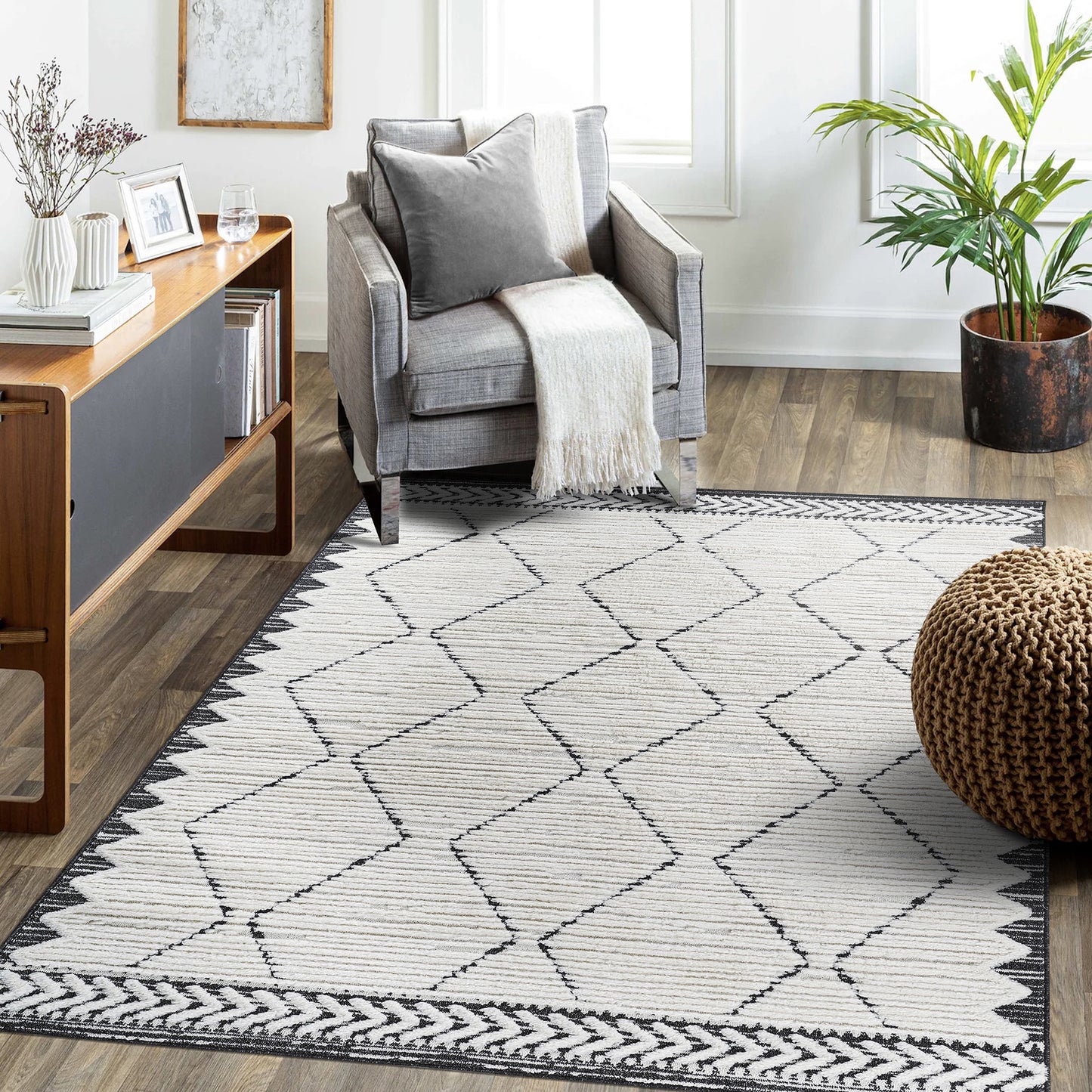 Step Collection High-Low Trellis Cream Anthracite Indoor Area Rug, 5'3''x7'6'', Modern, Contemporary, Geometric, Bohemian, Bedroom, Kitchen, Living Room, Non Shedding Carpet