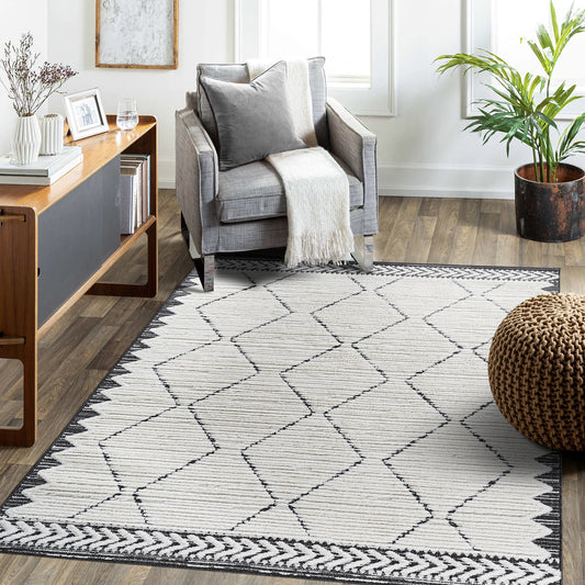 Step Collection High-Low Trellis Cream Anthracite Indoor Area Rug, 5'3''x7'6'', Modern, Contemporary, Geometric, Bohemian, Bedroom, Kitchen, Living Room, Non Shedding Carpet
