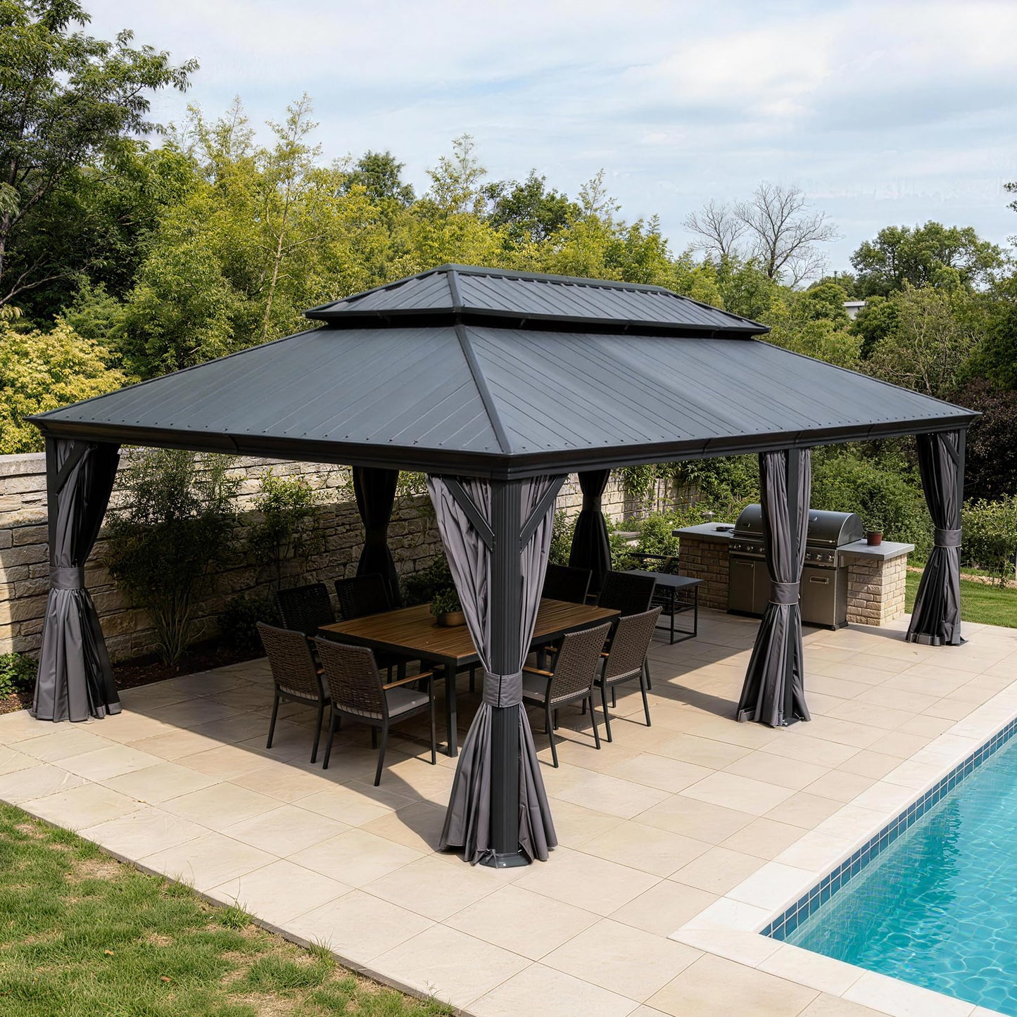 14  X24   Hardtop Gazebo With Resin Roof, Outdoor Metal Gazebo With Drainage Gutters, Permanent Heavy Duty Pavilion For Patio, Backyard And Deck, Curtains And Mosquito Netting Included