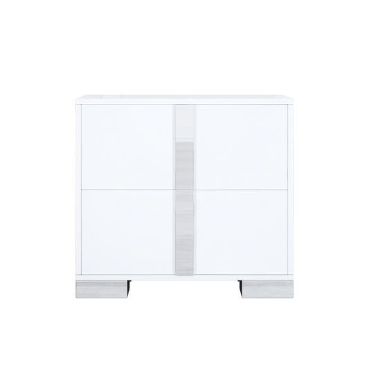 Elegant Nightstand With Metal Foot, Mirrored Bedside Table With 2 Drawers For Bedroom, Living Room, White